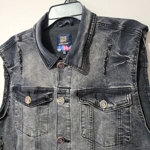 Demolition Denim Vest Mens XL Black Gray Acid Wash Distressed Biker Streetwear